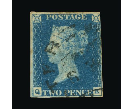 Great Britain - QV (line engraved) : (SG 5h) 1840 2d blue, plate 2, QE, 4 margins except just shaved at upper right corner, c
