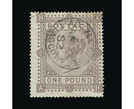 Great Britain - QV (surface printed) : (SG 136) 1867-83 wmk Anchor £1 brown-lilac, AH, off-centre to NE, light ARGYLL STREET/