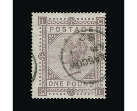 Great Britain - QV (surface printed) : (SG 129) 1867-83 wmk Maltese Cross £1 brown-lilac, CI, centred to SE, light GLASGOW cd