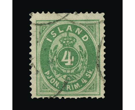 Iceland : (SG O9) 1873 Official perf 14 x 13½ 4sk green, centred to bottom, fresh, light partial cds cancels, some short/miss