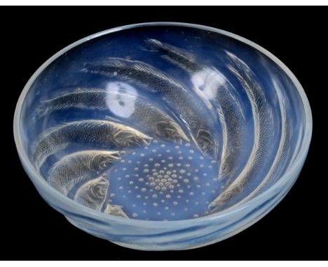 A Lalique Poissons opalescent glass bowl, moulded fish, with moulded R Lalique mark to base, 20.5 cm diameter  See inside bac