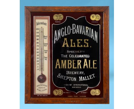 An Anglo-Bavarian Brewery Ltd Shepton Mallet advertising mirror, with thermometer, patent number 16920.92, in original oak fr