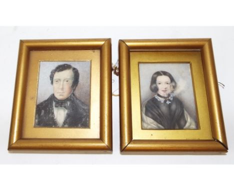 A bust portrait miniature, of a gentleman, watercolour, 5.5 x 4.5 cm, and his wife (2)