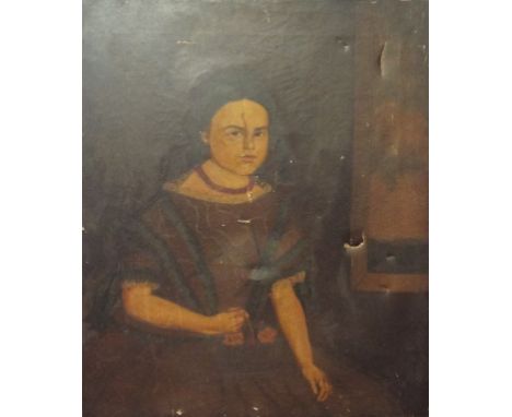 English school, 19th century, a half length portrait of a young girl, seated, holding a basket of flowers, oil on canvas, 76 