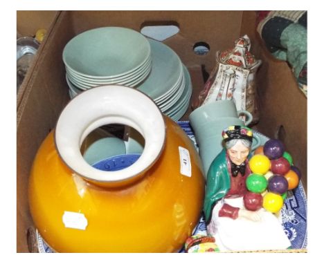A Royal Doulton figure, The Old Balloon Seller, HN1315, other ceramics, an oil lamp, a patchwork quilt, a fur stole and items