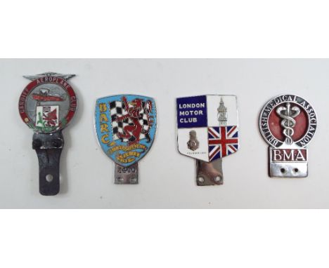 Four badge bar badges, comprising Cardiff Aeroplane Club, depicting a Gipsy Moth biplane, registration number G-ABRO, and a W