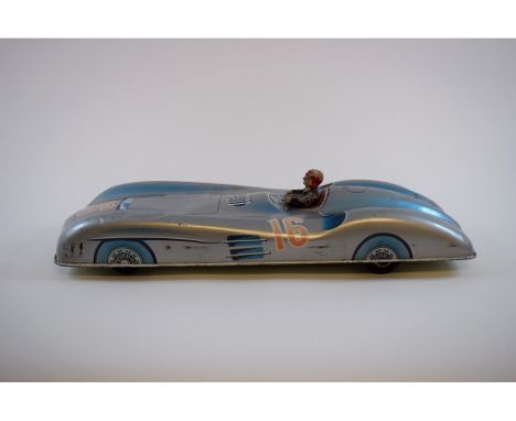 A Mercedes-Benz W-196 Streamliner tinplate racing car, with composition figure and lithograph printed decoration, 40 cm long 