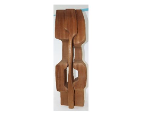 An abstract wood sculpture, 61 cm high, purchased from Heals circa 1967, a quill work tea caddy (a.f.), 15 cm high, a wall br