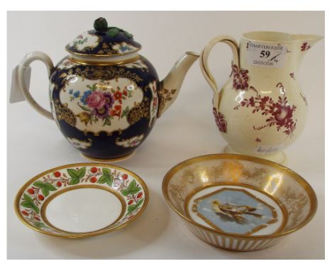 A 19th century Booths teapot and cover, decorated birds, insects and flowers, 16 cm high (restorations), a Wedgwood creamware