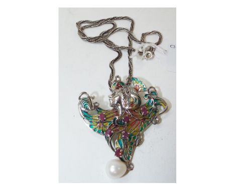 An Art Nouveau style silver, marcasite and enamel pendant and chain