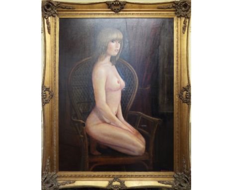 R Evans, a life study of a girl kneeling on a chair, oil on canvas, signed and dated 1974, 120 x 90 cm