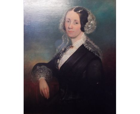 English school, a portrait of a seated lady, wearing a lace headdress, oil on canvas, 75 x 62 cm