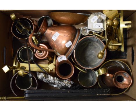 Assorted copper measures, a silver plated canteen of cutlery, a twelve bottle carrier, an oil lamp, stoneware jars, a radio, 