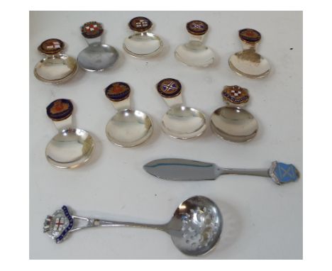 A collection of shipping line related silver plated flatwares, including R.M.M.V. Sterling Castle caddy spoon, a Q.S.S. Arkad