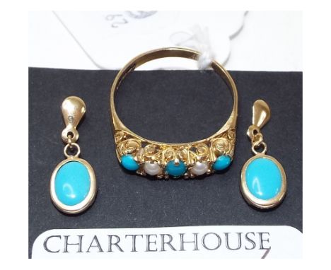 A 9ct gold, turquoise and pearl ring, and a matching pair of earrings (2)