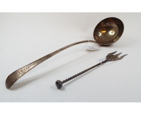 A George III silver ladle, with bright cut decoration, London 1784/85, other silver, approx. 7.3 ozt, and plated items