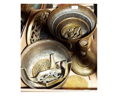 A silver backed dressing mirror, a brass fan shaped fire screen, three brass trays, a mirror and other metalwares (qty)
