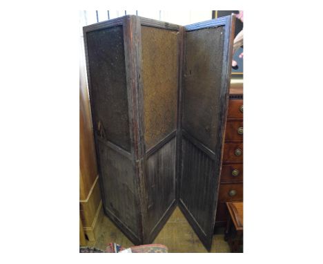 A mahogany three fold screen, with tapestry and wood panels, 198 cm high, 222 cm wide