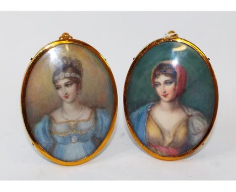 An oval portrait miniature, of a female, possibly Pauline Bonaparte, watercolour, 9.5 x 7 cm, and another (2)