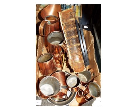 Assorted copper measures, a set of four hunting prints, other prints and a book (qty)