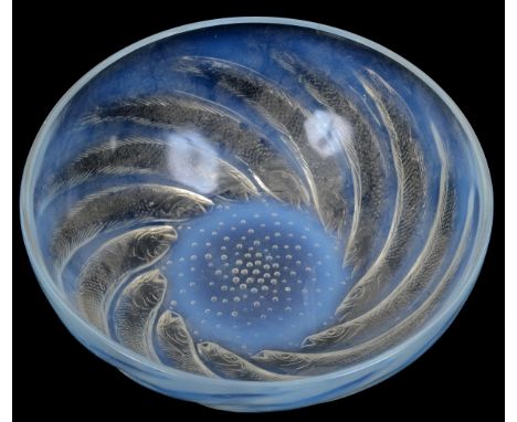 A Lalique Poissons opalescent glass bowl, moulded fish, with moulded R Lalique mark to base, 24 cm diameter  See inside back 