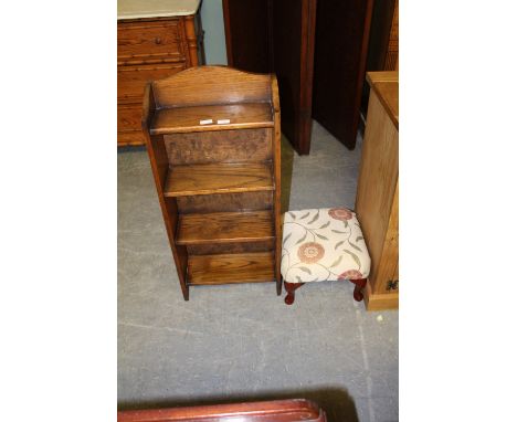 Small oak bookshelves & upholstered stool