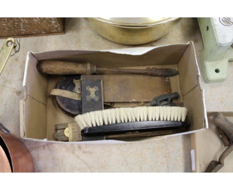 Box of woodworking tools, set square, rules etc