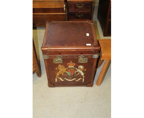 Brown leather military style trunk with painted crest