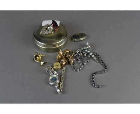 White metal circular box with amethyst set cover, silver and agate brooch, ladies opal watch, nurse's watch etc