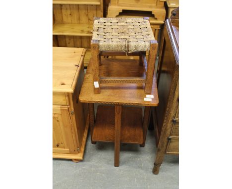 Oak occasional table and carved string seated stool Possibly made by Lynn Miller Fellow of the College of Handicraft.