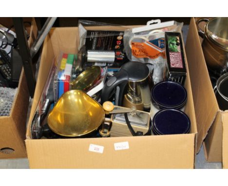 Box of kitchen wares, scales & weights