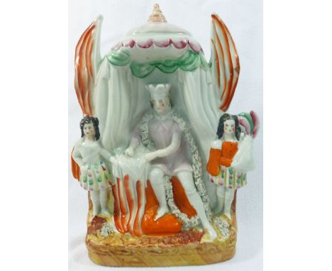 A Victorian Staffordshire pottery flatback figural group of King John signing the Magna Carta in a tent flanked by two childr