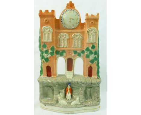 A Victorian Staffordshire pottery flatback in the form of a clock tower above a girl seated with a musical instrument and fla