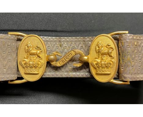 A Victorian Royal Artillery officers brocade belt with VR Lion &amp; Queen Crown gilt buckles with snake fastener with Ubique