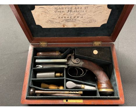 Cased 44 Bore Double Barrel Howdah Percussion cap pistol by Manton &amp; Co. 90mm long barrels. Signed on top rib "Manton, Lo