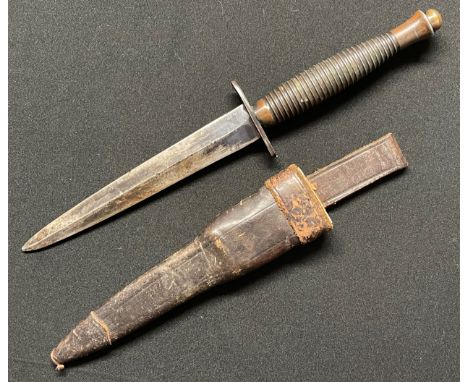 WW2 British 3rd Pattern Fairbairn Sykes Fighting Knife with double edged blade155mm in length. No makers marks. Crossguard ha