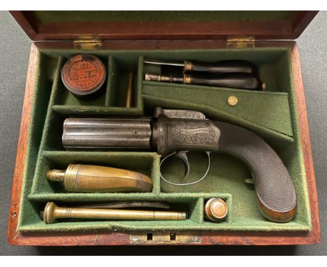 Cased 6 shot 80 Bore self cocking hammer bar percussion cap Pepperbox revolver by "Henry Allport of Cork". 80mm long fluted c