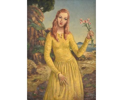 Stuart Scott Somerville (1908-1983) Portrait of a young lady standing in a landscape holding a bunch of flowers Signed and in
