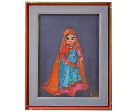 Moura Chabor (1905-1995) American/French Indian beauty Monogrammed, mixed media on reverse painted glass, 39.5cm by 29.5cm  P