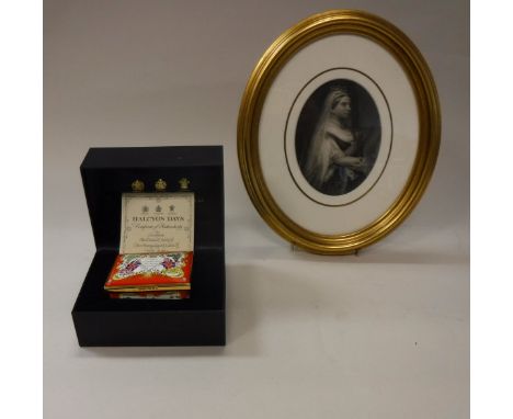 M BLAINE (20th Century) portrait study of a lady in ermin robes head and shoulders together with a framed and glazed engraved