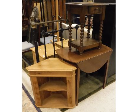 A 19th Century mahogany drop leaf pembroke table, modern oak single drawer side table and a modern pine corner shelf unit