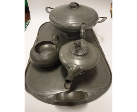 A pewter sucrier after a design by Archibald Knox with stylised Art Nouveau foliate design, No'd. 0231 to base, together with