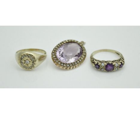 A 9 carat gold amethyst and seed pearl set ring in the Victorian manner, ring size S, together with a 9 carat gold and diamon
