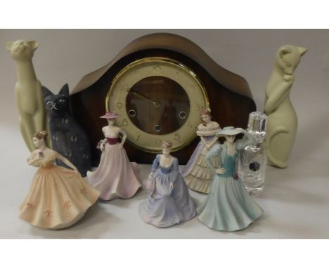 Five Coalport English Rose Collection figurines, three various cat figures, three vases, Stuart Crystal scent bottle and a wa