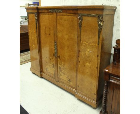 A French thuya wood and marquetry inlaid breakfront side cabinet with bronze mounts in the Empire Revival taste of Percier et