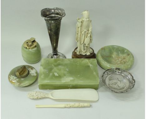 A collection of sundry items to include four pieces of green onyx comprising two table lighters, ashtray and a lidded box, a 