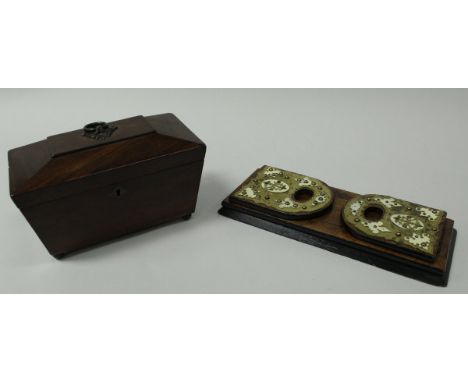 A Victorian walnut book slide with brass and ivory decoration to the end panel together with a 19th Century mahogany tea can 