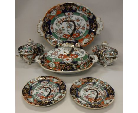 A 19th Century Mason's ironstone china Imari blossoming tree pattern dinner service comprising eleven dinner plates, twelve s