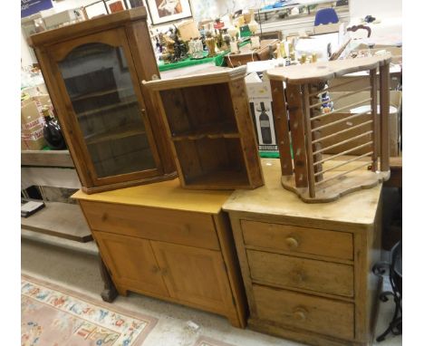 A modern American pine cabinet with drawer over two doors, a Victorian pine chest of three drawers, pine hanging corner cupbo