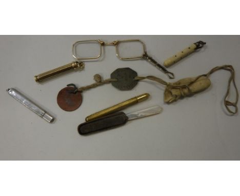 A collection of items to include a Samson Mordan type yellow metal propelling pencil, a silver case pencil, a pair of marcasi